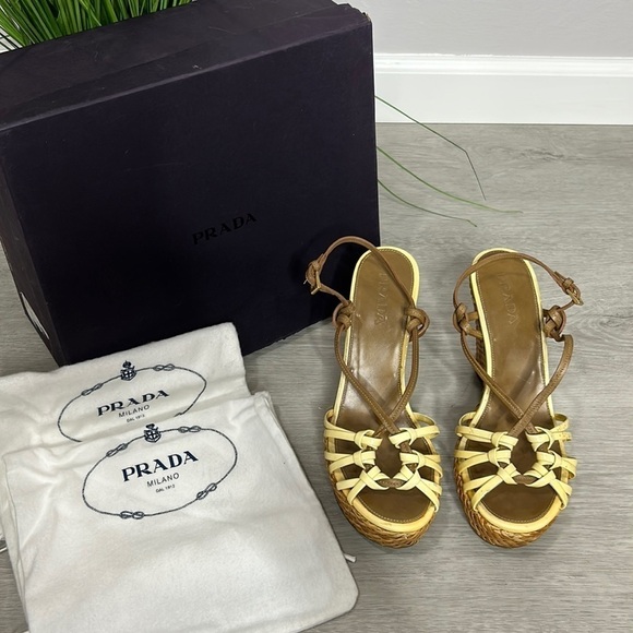 Prada • woven wedge strappy open toe sandals - Picture 1 of 16
